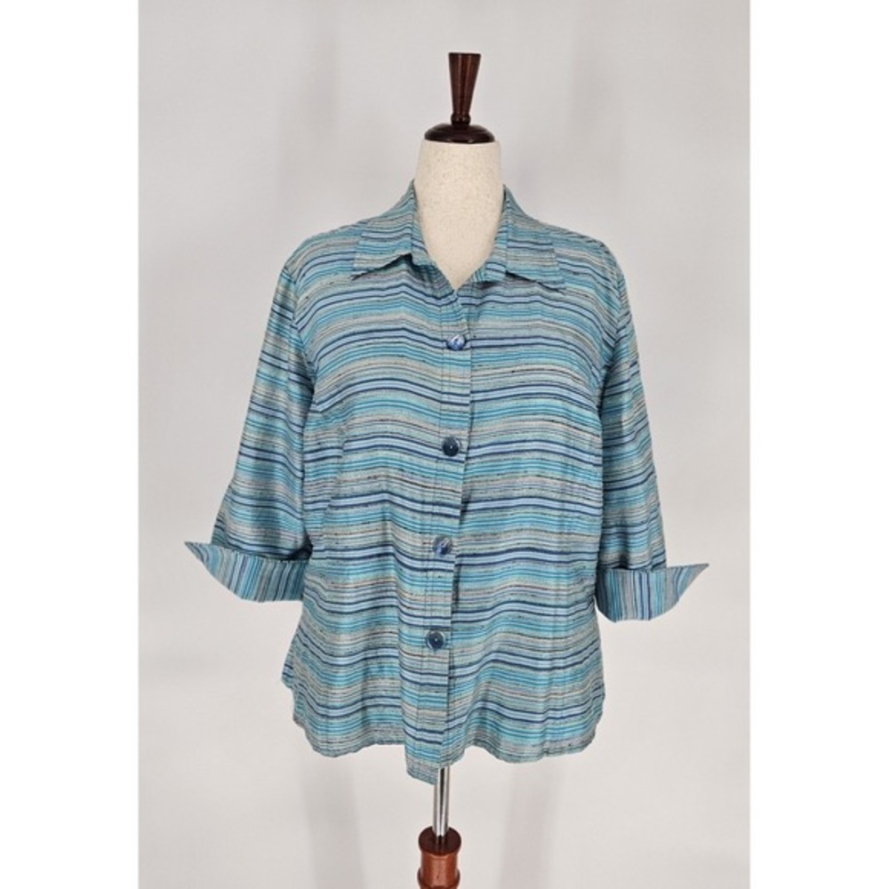 VTG Y2K Austin‎ Reed Button Up Shirt Women 16W Blue Striped Silk Blend Collared
